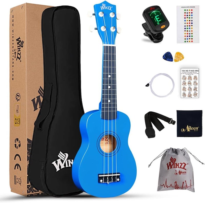Winzz Soprano Ukulele Starter Kit For Beginners with Bag, Clip-On Tuner, Extra Strings, Strap, Plectrum, Fret Stickers, Chords Card, Polishing Cloth, Dark Blue - Image 1